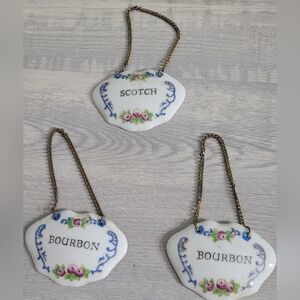 3 PAINTED PORCELAIN LIQUOR TAG LABELS SCOTCH & BOURBON VINTAGE JAPAN